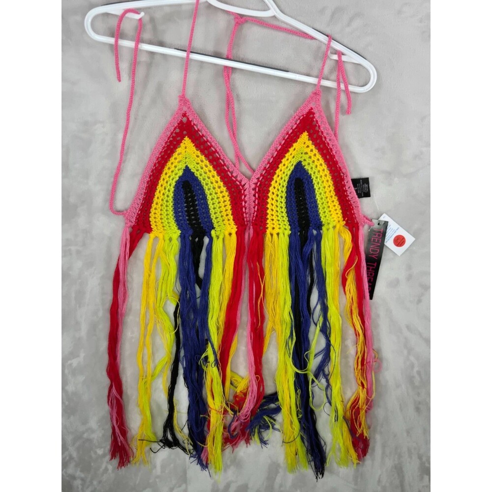 Trendy Threads NWT Rainbow Crochet Fringe Halter Top S Festival EDC Raver Boho